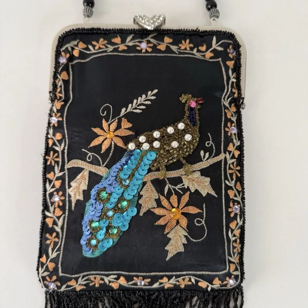 Vintage Lily Scott Peacock Black Evening Bag W/ Sequin Beads & Embroidery